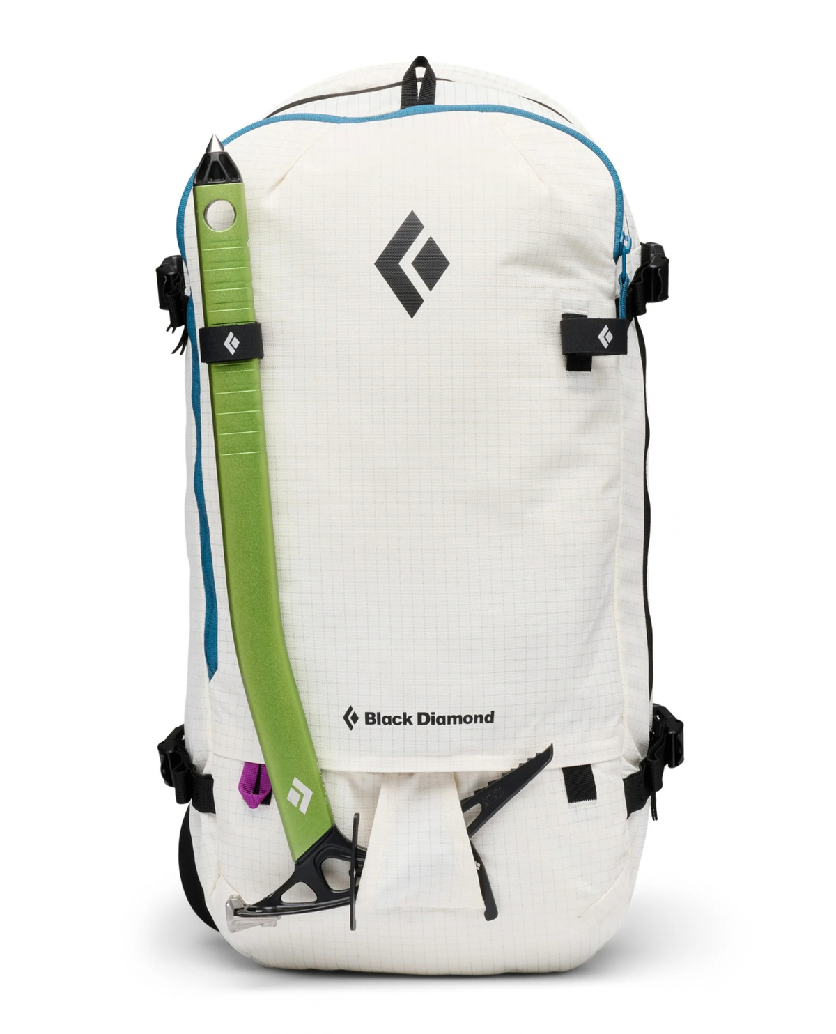 Black Diamond Helio 22 Backpack - Chalk med isyxan fäst i en vit topptursryggsäck