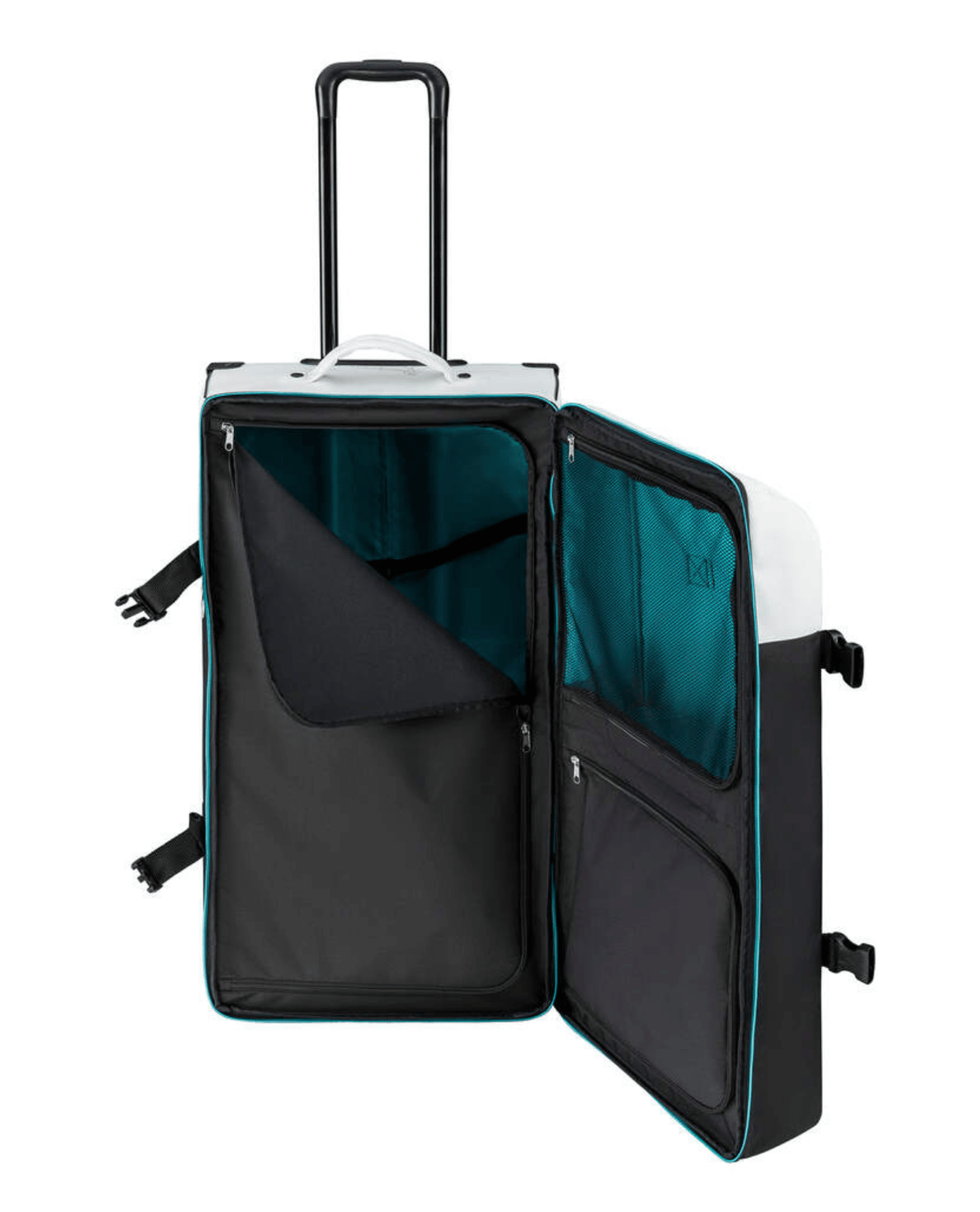 Head Rebels Travelbag i svart och vitt med öppen turkos insida, teleskophandtag och rymliga fack för skidresan.