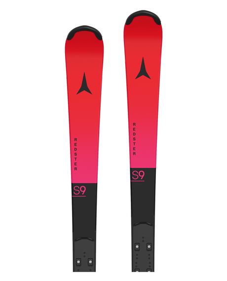 Röda Atomic Redster S9 FIS 150 26/27 juniorslalomskidor med racingdesign och asymmetrisk topp för tävlingsåkare.
