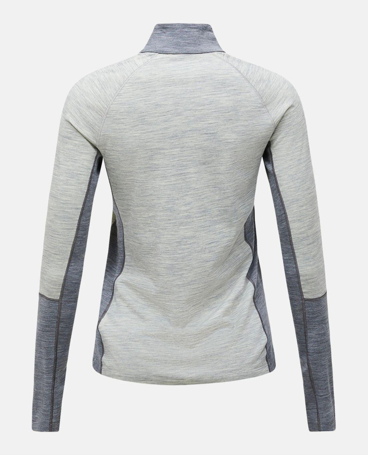 Baksida av Peak Performance Magic Half Zip damunderställ i grå melange med lång ärm och hög krage.