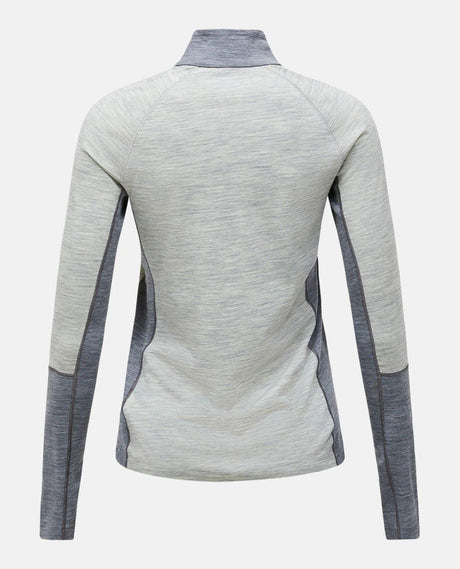 Baksida av Peak Performance Magic Half Zip damunderställ i grå melange med lång ärm och hög krage.