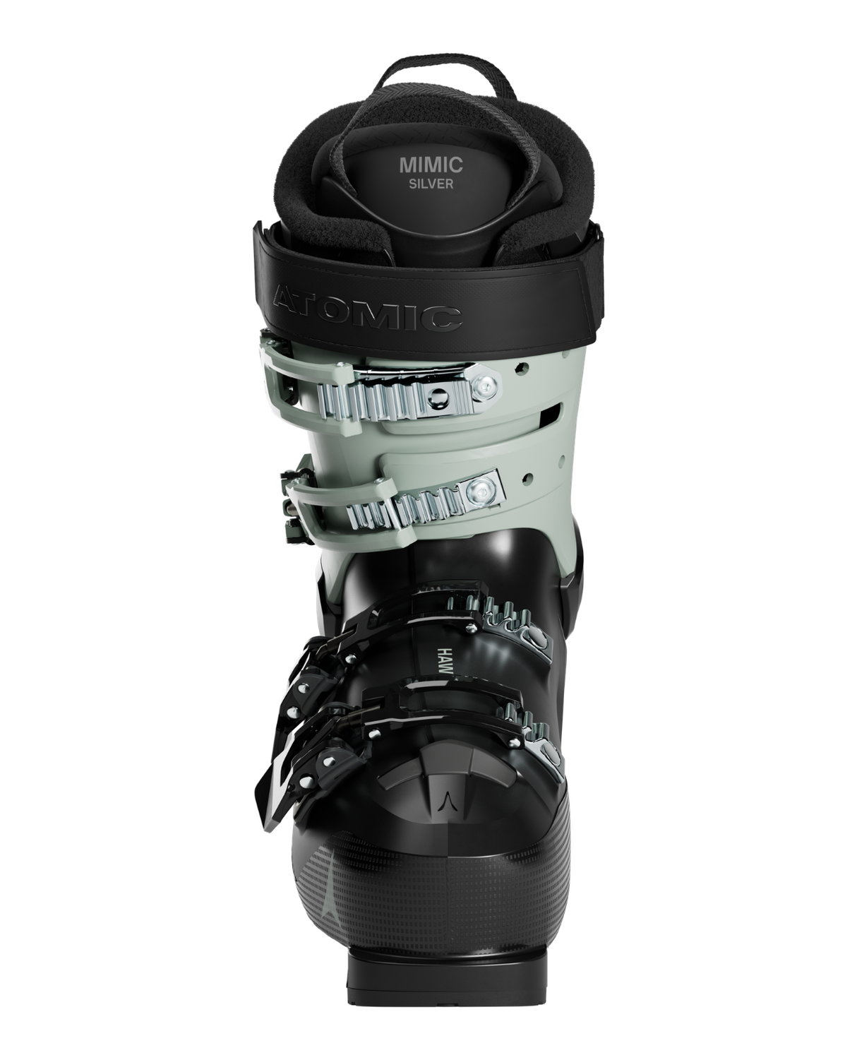 Atomic Hawx Ultra 95 dampjäxa i Black/Sage sedd framifrån med tydliga spännen och Mimic-innersko.