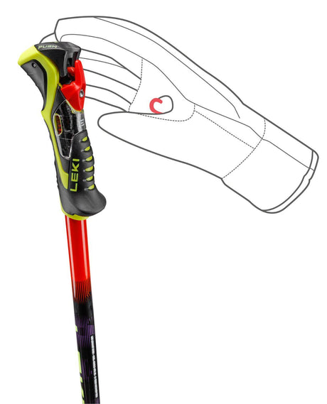Leki WCR Pro SL TR i rött och neongult med Trigger-grepp för maximal kraftöverföring och kontroll för tävlingsåkare.
