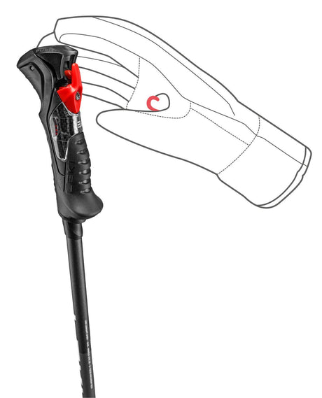 Leki Carbon 14 TR med uppdaterat Trigger 3D-grepp och illustration av handskens smidiga infästning.