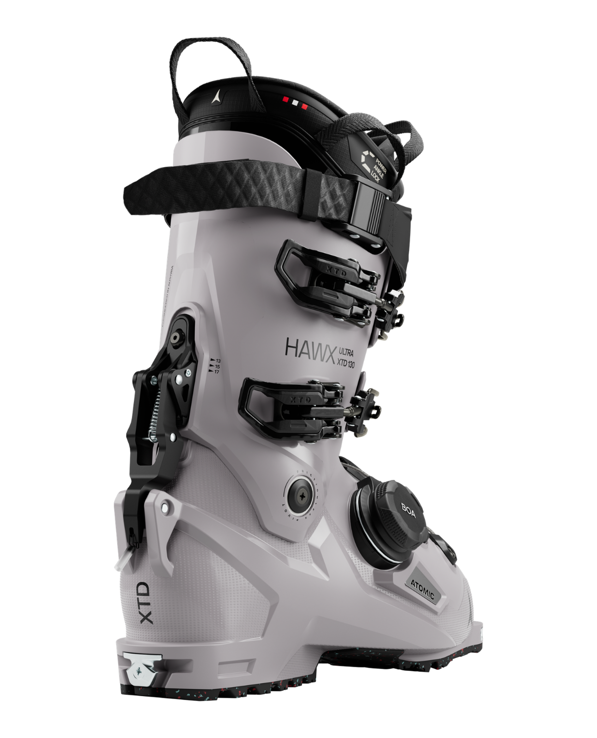 Atomic Hawx Ultra XTD 130 BOA, grå toppturspjäxa med gåläge och BOA-snörning sedd bakifrån.