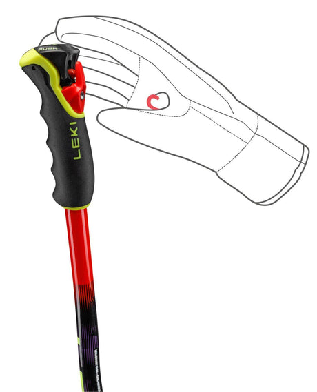 Leki WCR SG/DH TR med det nya Trigger 3D-greppet i rött och violett för maximal kraftöverföring vid racing.