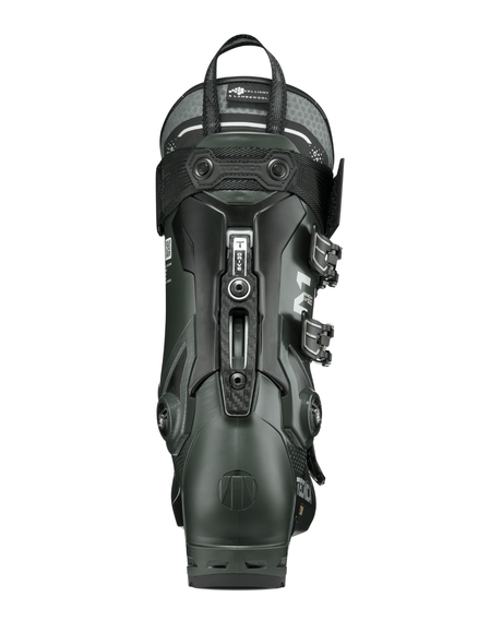 Tecnica Mach1 LV 120 TD2 alpinpjäxa för herrar bakifrån, visande T-Drive-systemet i svart och grönt.