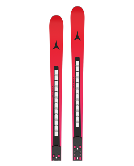 Röda Atomic Redster SG FIS Revoshock 200 raceskidor för Super-G med dämpande moduler och Icon race-interface.