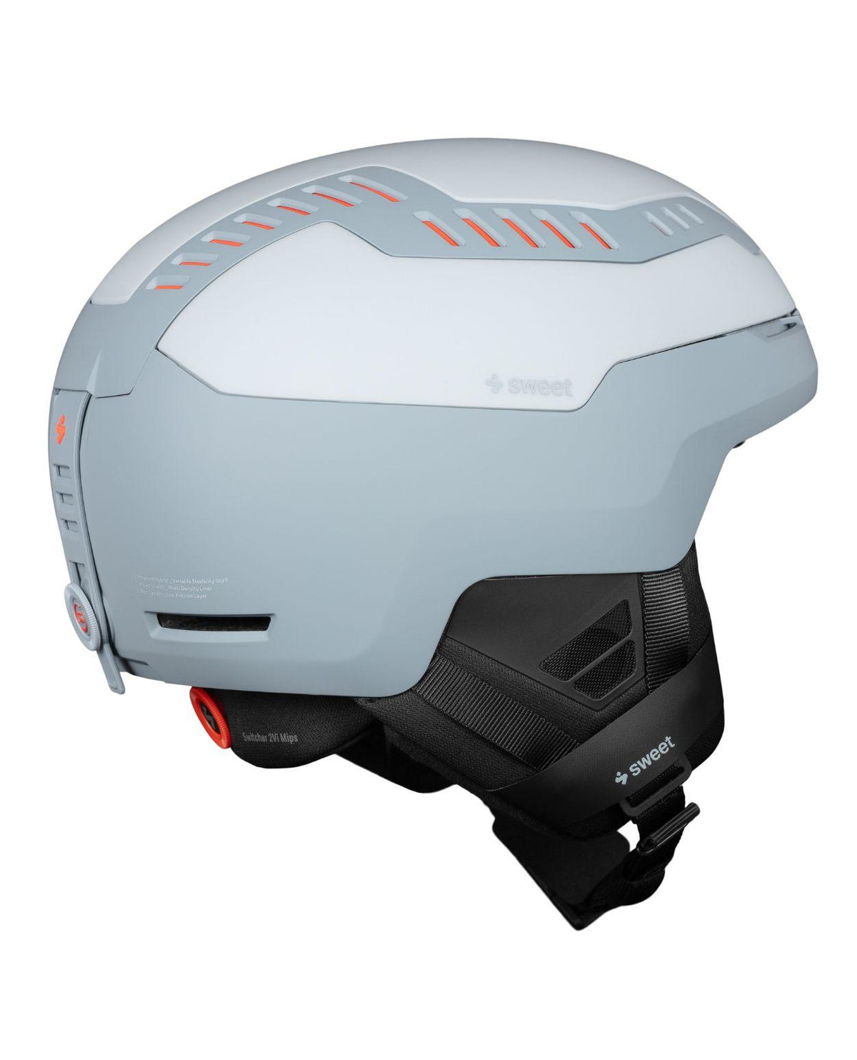 Grå Sweet Protection Switcher 2Vi Mips alpinhjälm i Platinum Grey med orange detaljer och effektiv ventilation.