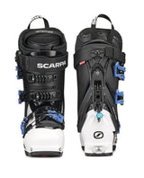Scarpa GEA toppturspjäxor i svart, vitt och blått visade framifrån och bakifrån.