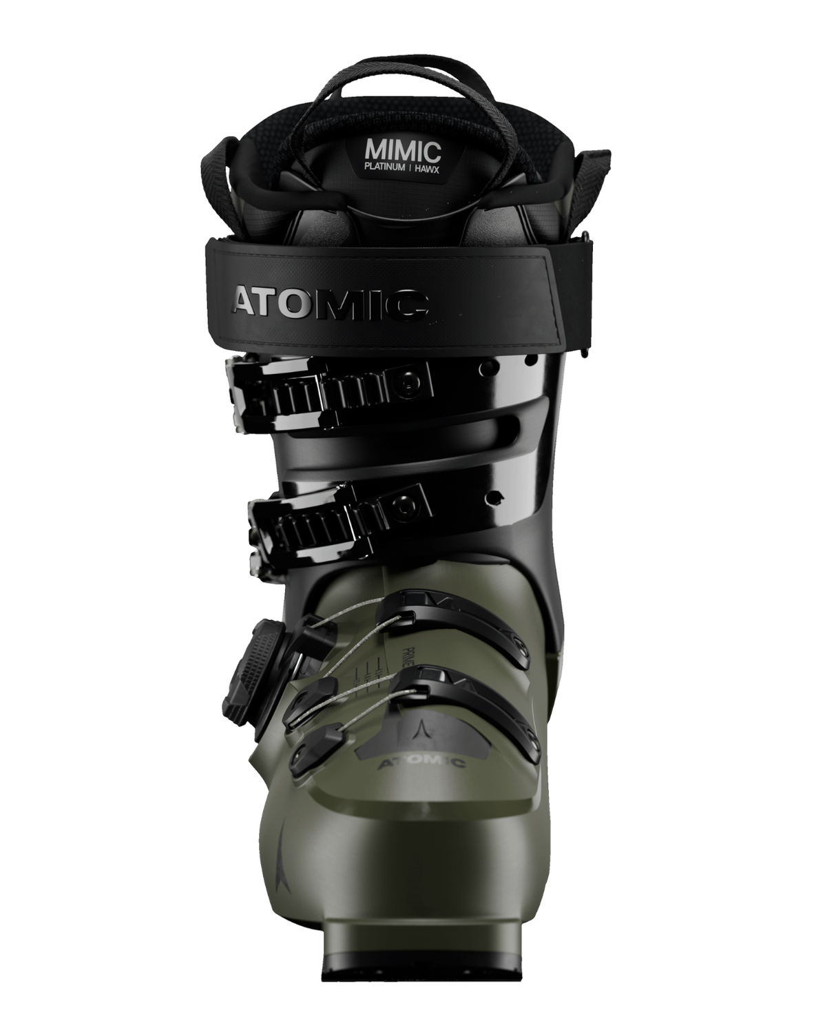 Olivgrön Atomic Hawx Prime 120 S BOA alpinpjäxa med BOA Fit System och svarta detaljer sedd framifrån.