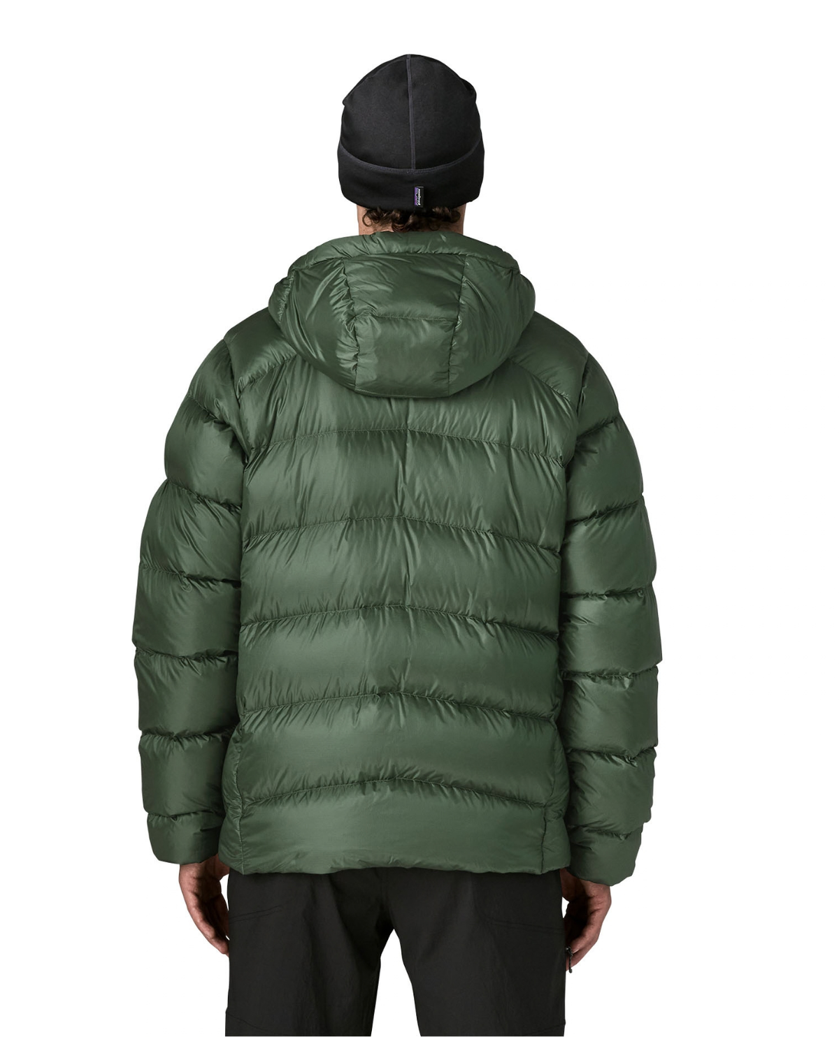 Patagonia Fitz Roy Down Hoody Men i färg Canopy Green ses bakifrån med huva på.