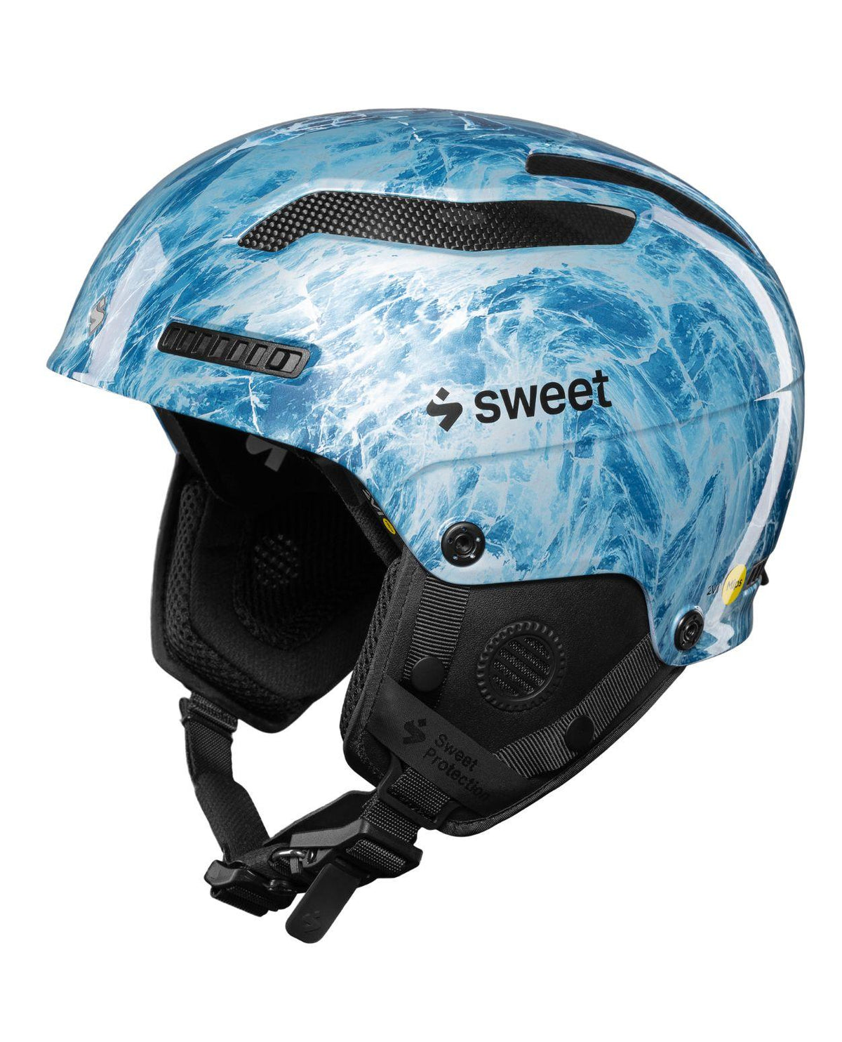 Sweet Protection Trooper 2Vi SL Mips skidhjälm i blåvitt marmorerat Timon-mönster för alpina skidåkare.