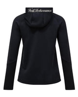 Peak Performance 40Y Rider Zip Hood Women i svart visas bakifrån med fokus på den tryckta huvan.