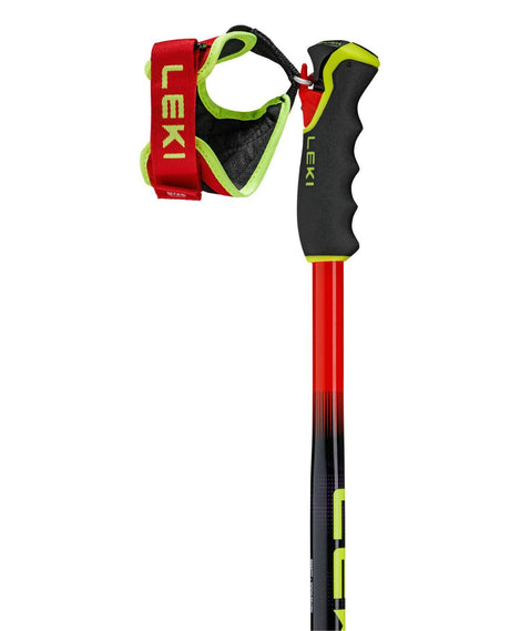Leki WCR Pro GS TR racingstav med uppdaterat Trigger 3D-system och Frame Strap i rött och neongult.