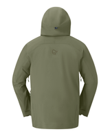 Norrøna Møre Gore-Tex Jacket Men i färggrön Deep Lichen Green bakifrån, en teknisk skidjacka för herrar från Alpingaraget.