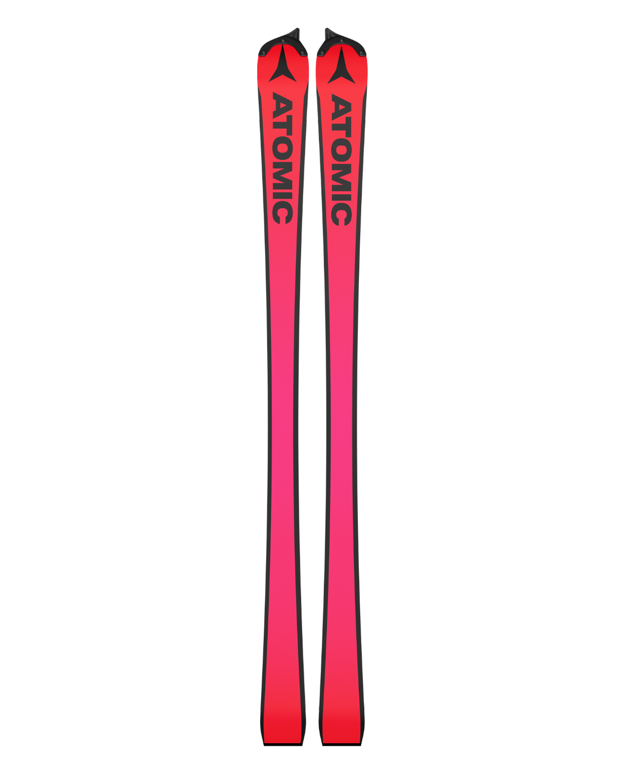 Röda Atomic Redster S9 FIS slalomskidor med svarta logotyper på belaget för professionell racing.