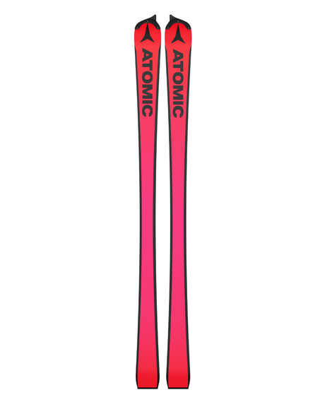 Röda Atomic Redster S9 FIS slalomskidor med svarta logotyper på belaget för professionell racing.
