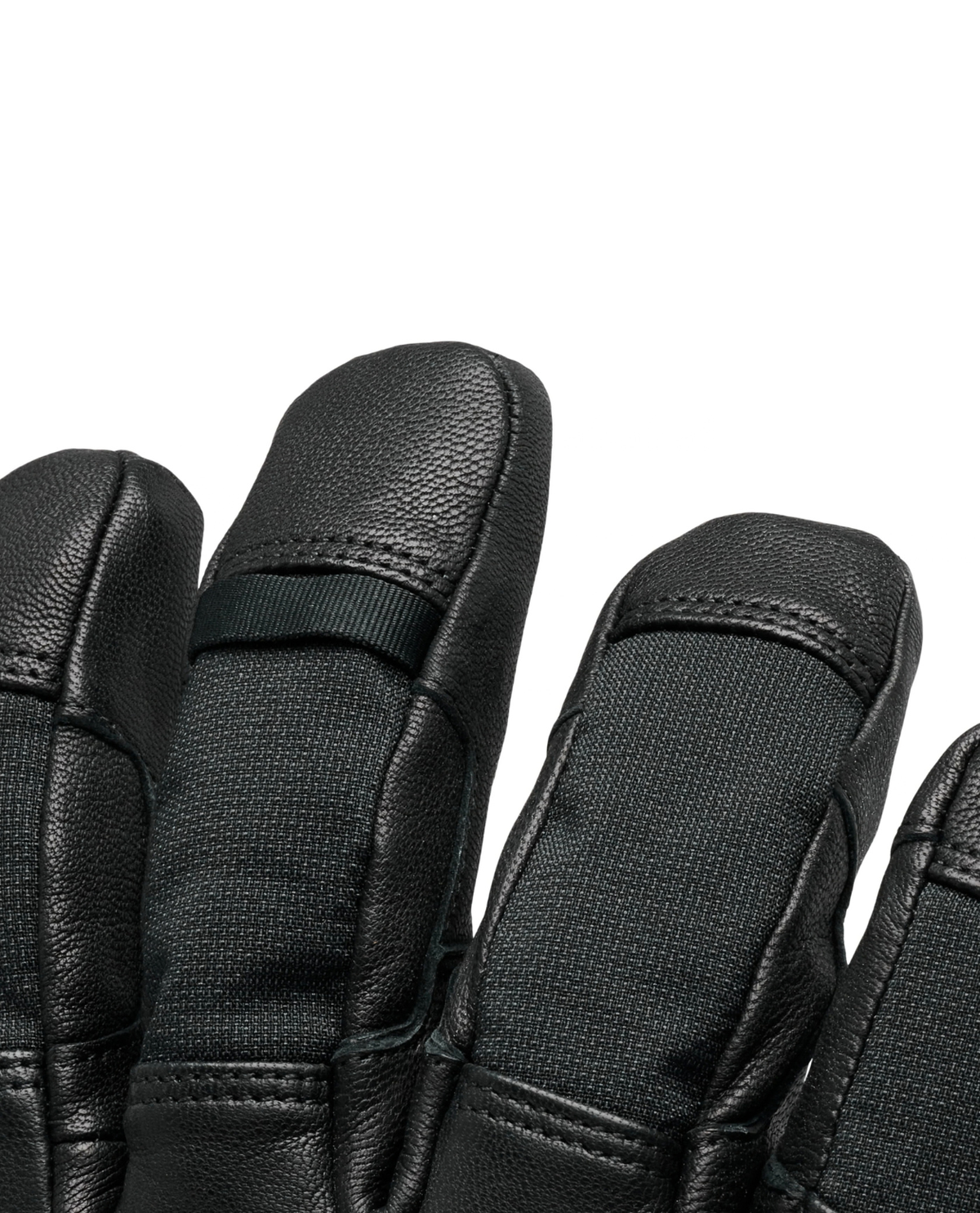 Black Diamond Patrol Gloves i svart läder som visar närbild på fingrar och sömmar för skidåkning.