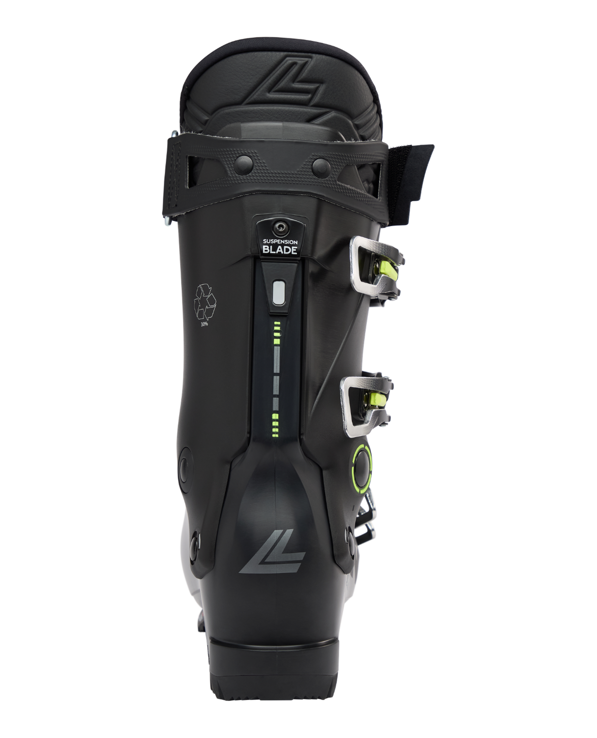 Lange Shadow 100 MV GW svarta alpinpjäxor bakifrån som visar Suspension Blade-teknologi och spännen.