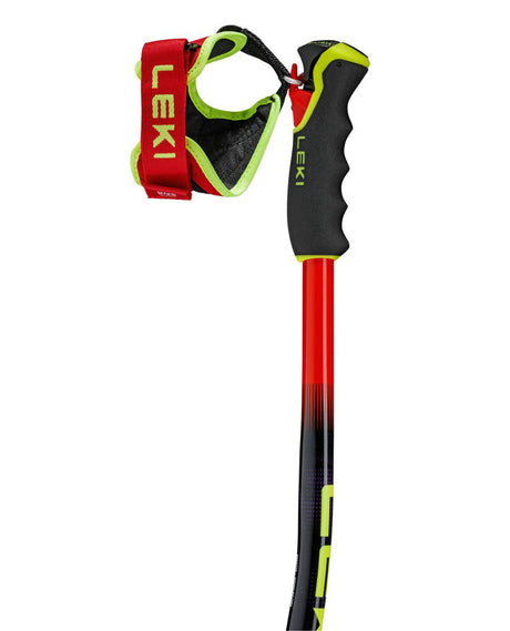 Leki WCR SG/DH TR racingstav med uppdaterat Trigger 3D-system och Pro G-grepp i rött, violett och neongult.