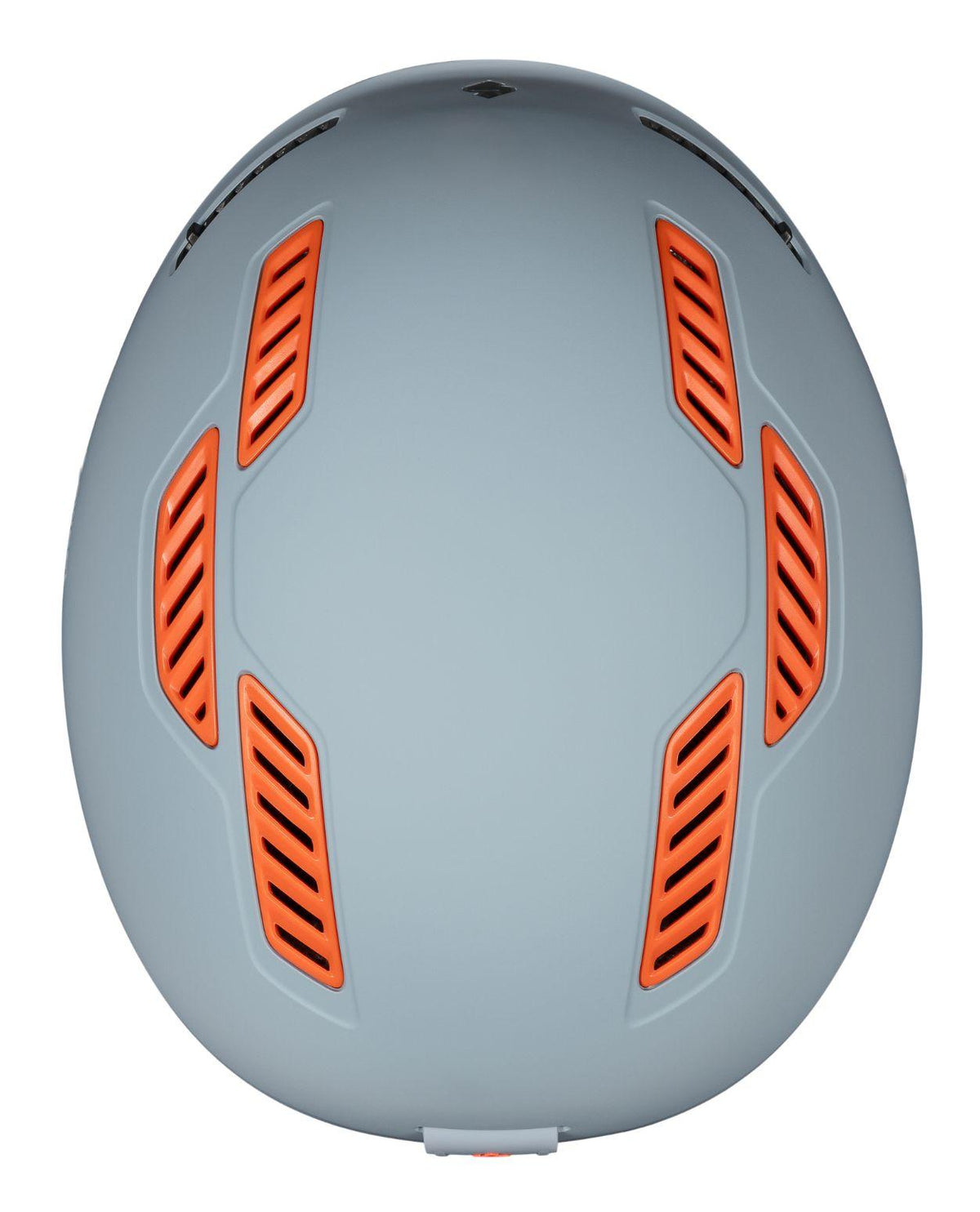 Sweet Protection Igniter 2Vi Mips skidhjälm i platinagrått, sedd ovanifrån med distinkta orangea ventilationsdetaljer.