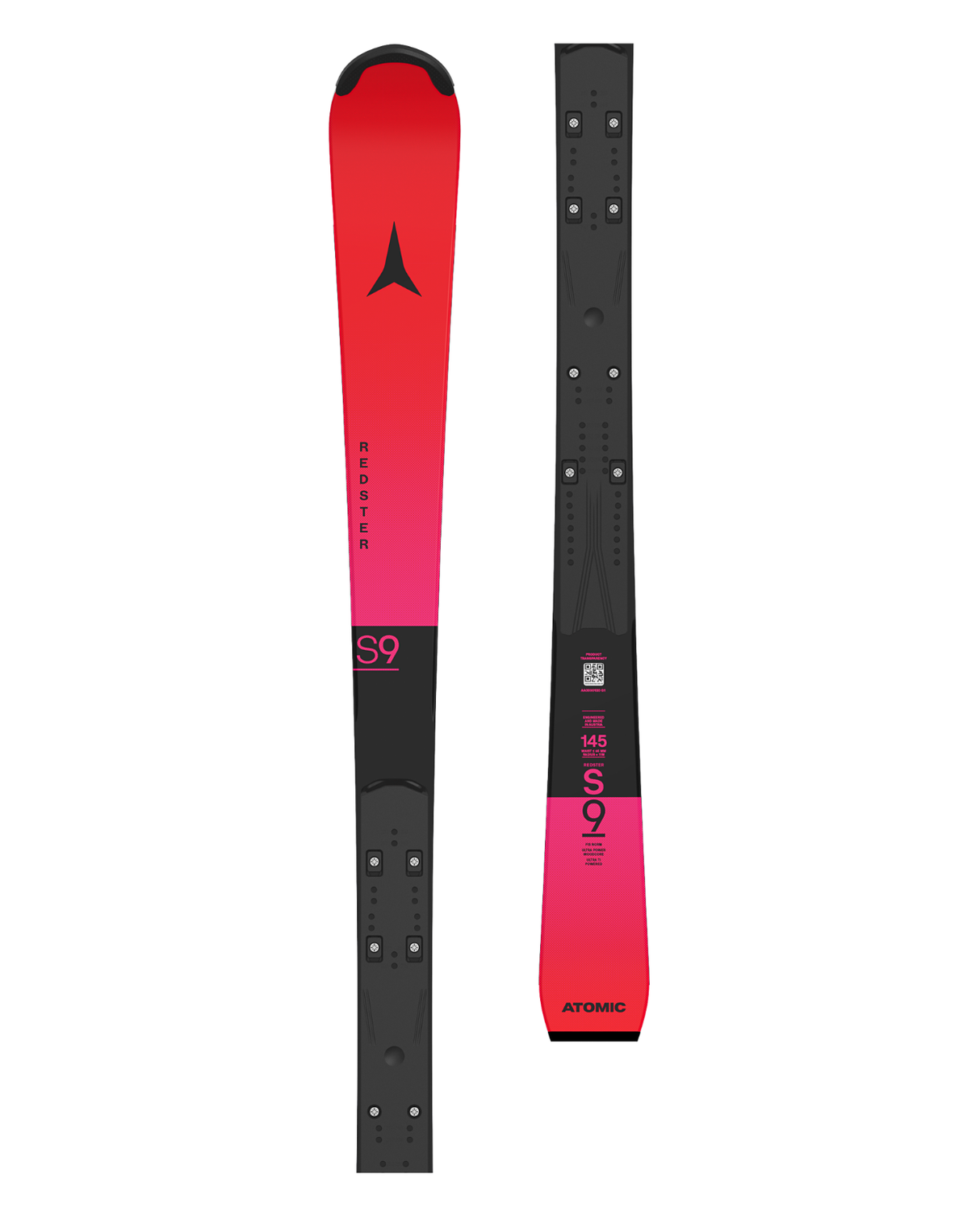 Atomic Redster S9 FIS J-RP³ juniorraceskidor i rött och rosa med monterad raceplatta för slalom.