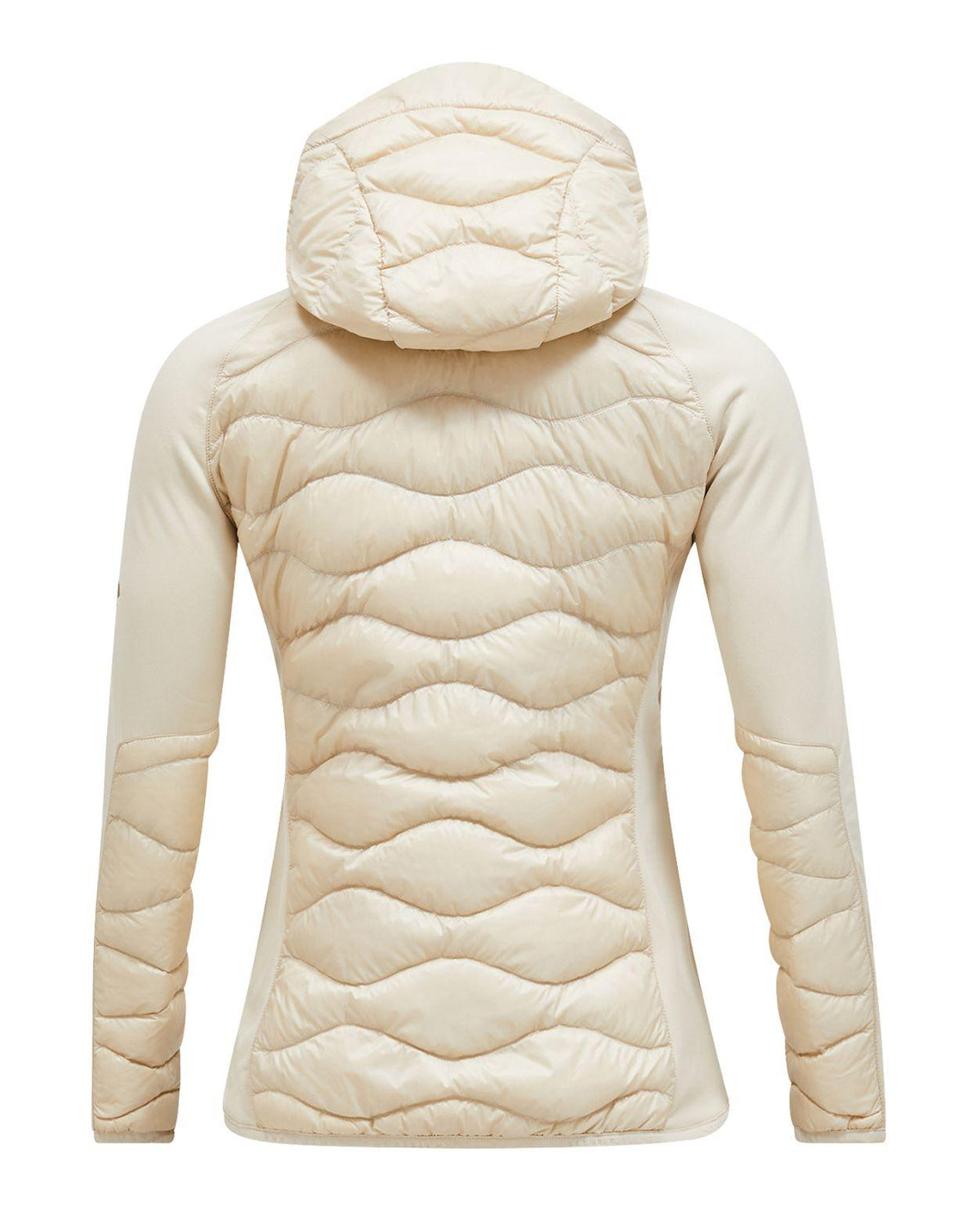 Peak Performance Helium Down Hybrid Hood för damer i färgen sandfog bakifrån.