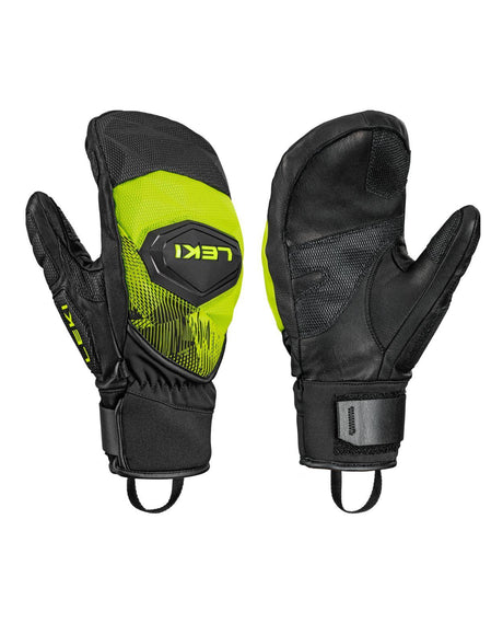 Leki WCR Pro Zero Mitt i neongult premiumläder med hårda skydd, framtagna för alpina tävlingsåkare.