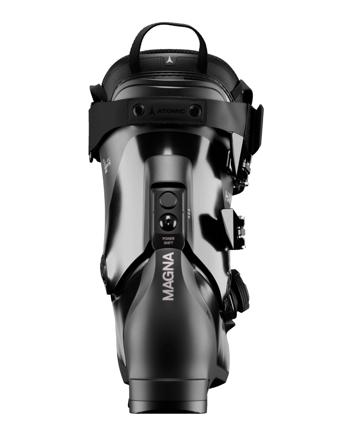Svart Atomic Hawx Magna 105 S BOA alpinpjäxa för damer sedd bakifrån med Power Shift och Magna-logotyp.