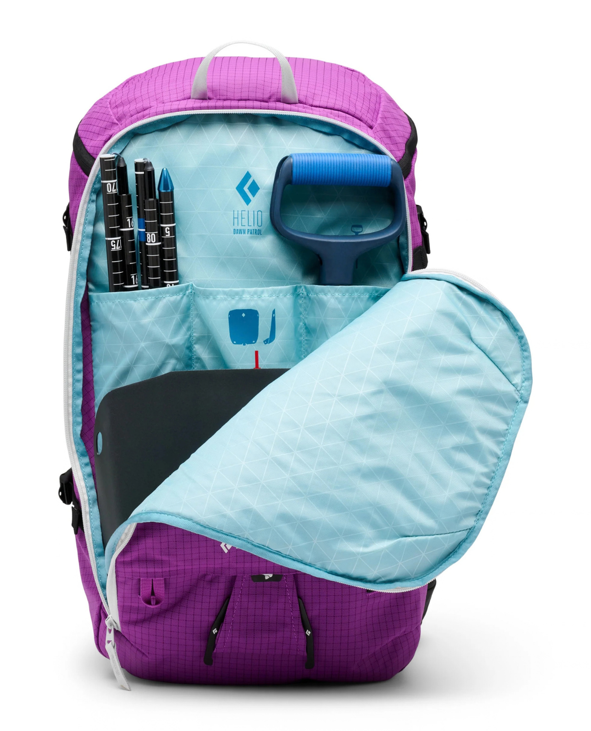 Black Diamond Helio 30 Backpack - Piton Purple visar insidan av den lila topptursryggsäcken med organiserad lavinutrustning.