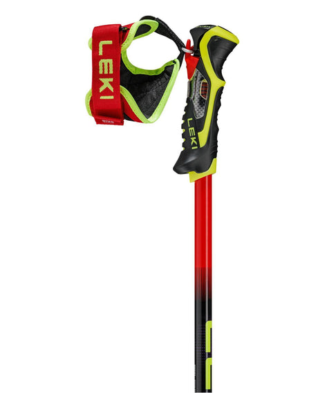 Leki Venom SL TR slalomstav med Trigger 3D-handtag och Frame Strap i rött och neongult för alpina tävlingsåkare.