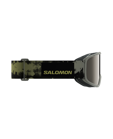 Salomon Aksium 2.0 S skidgoggles i färgen Castor Gray med mönstrat band från sidan mot vit bakgrund.