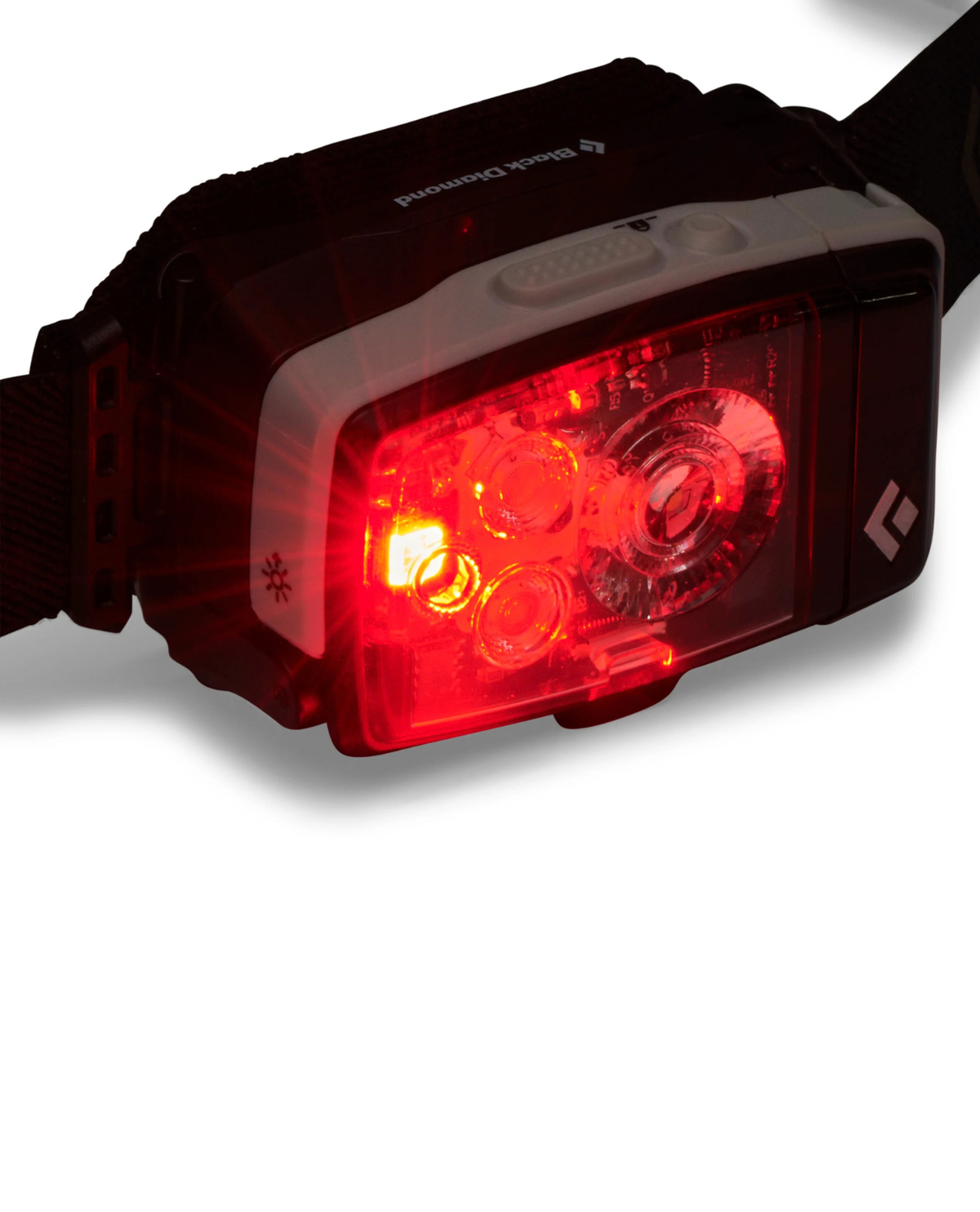 Black Diamond Distance LT 1100 pannlampa med rött ljus tänt i svart och grå design - Alpingaraget