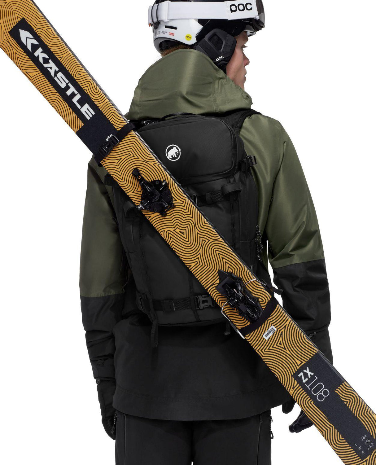 Mammut Nirvana 28 - Svart ryggsäck för skidåkning och toppturer med diagonalt fästa skidor.