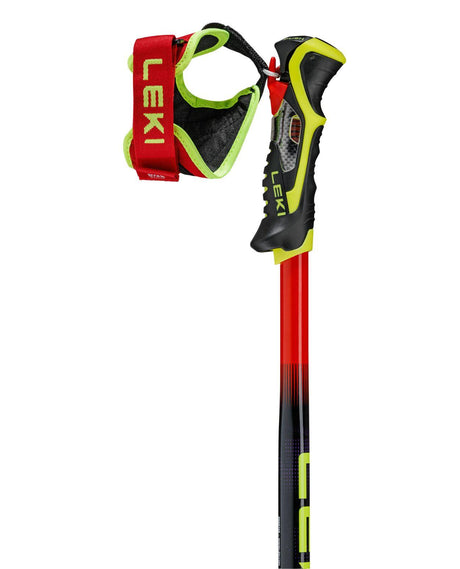 Leki WCR Pro SL TR racingstav med uppdaterade Trigger 3D-systemet i rött, violett och neongult för alpina tävlingsåkare.