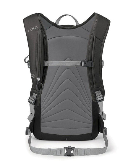 Osprey Glade 20 i svart och grått visad bakifrån med bärsele, ryggpanel och justerbara remmar.