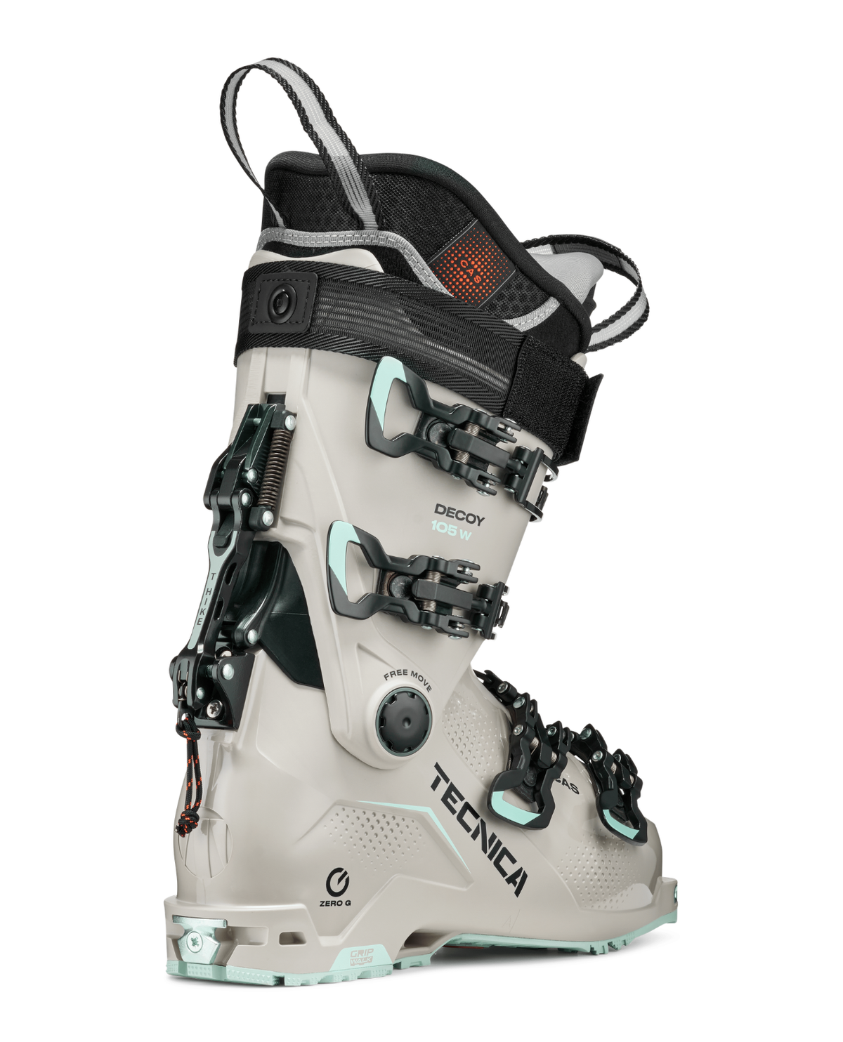 Tecnica Zero G Decoy 105 GW dam-alpinpjäxa i beige färg som visar gåläge och spännen.