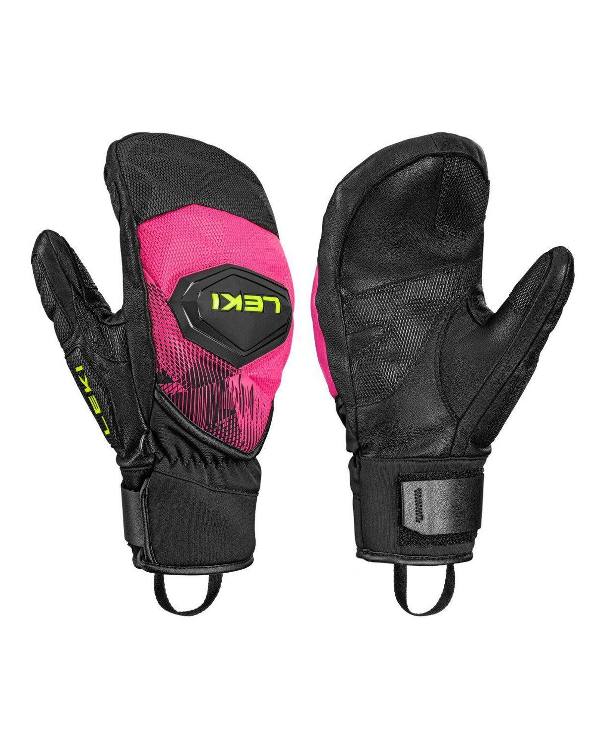 Leki WCR Pro Zero Mitt i neonrosa och svart, tekniska racevantar i slitstarkt läder för alpina tävlingsåkare.