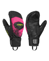 Leki WCR Pro Zero Mitt i neonrosa och svart, tekniska racevantar i slitstarkt läder för alpina tävlingsåkare.
