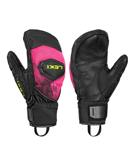Leki WCR Pro Zero Mitt i neonrosa och svart, tekniska racevantar i slitstarkt läder för alpina tävlingsåkare.