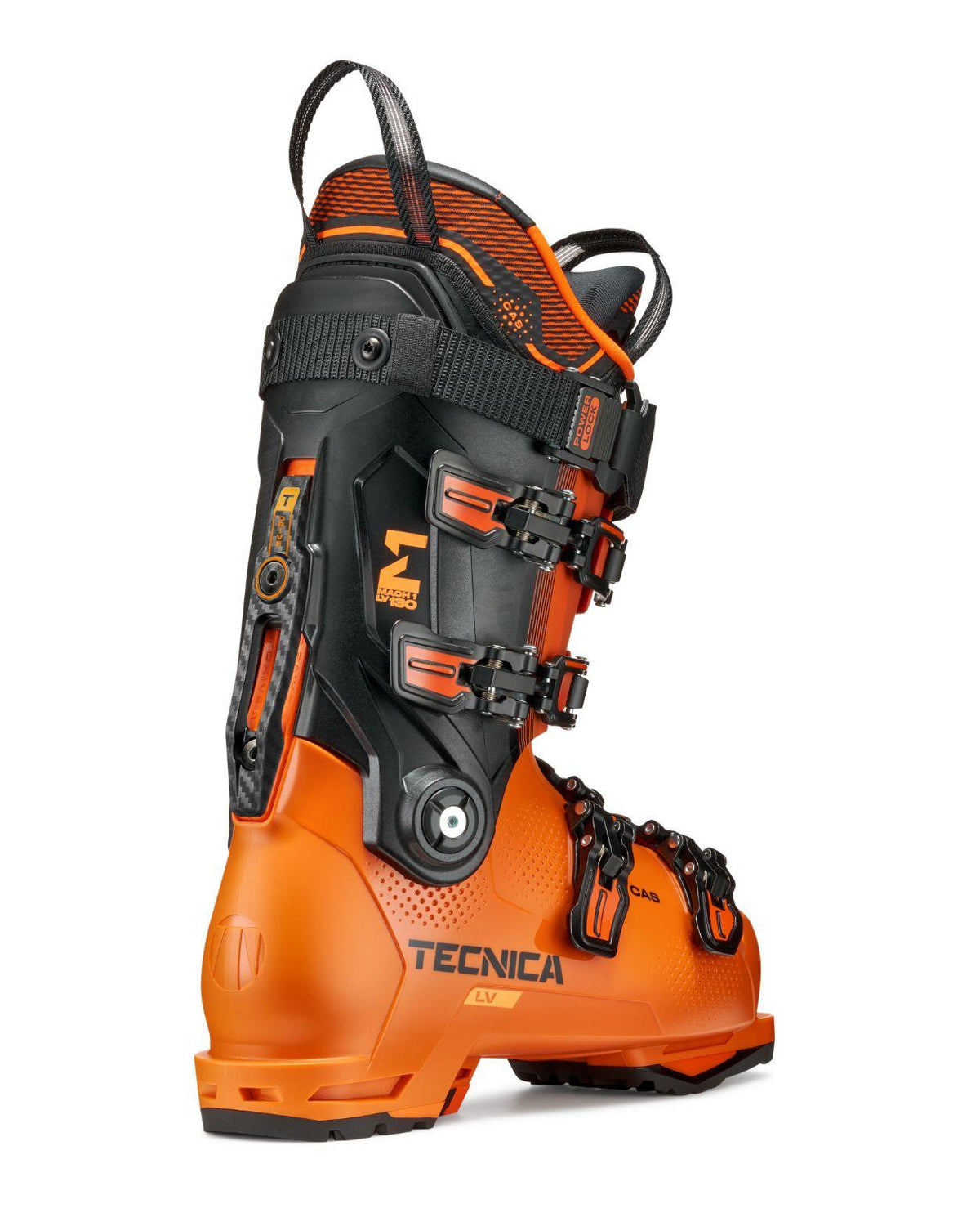 Tecnica Mach1 LV 130 TD2 GW alpinpjäxa i orange och svart sett bakifrån.