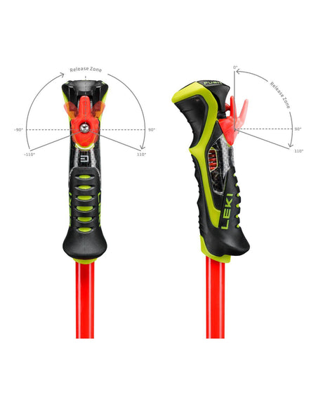 Leki Venom SL TR grepp i rött och neon gult med Trigger 3D-systemets utlösningszon för alpina tävlingsåkare.
