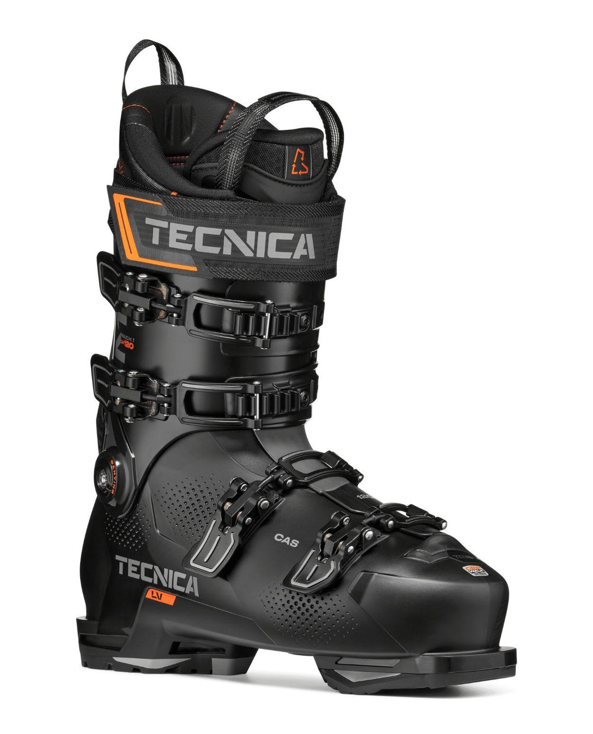 Tecnica Mach1 LV 120 TD2 alpinpjäxa i svart och orange färg från sidovyn.