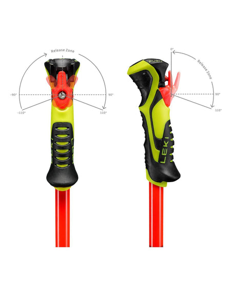 Trigger 3D-systemets säkerhetsutlösning på Leki WCR Evo Lite SL TR juniorstav för race i neon och rött.