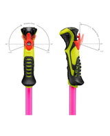 Trigger-systemet på Leki WCR Evo Lite SL TR juniorstav i neonrosa/gult med teknisk vy över den nya 3D-säkerhetsutlösningen.