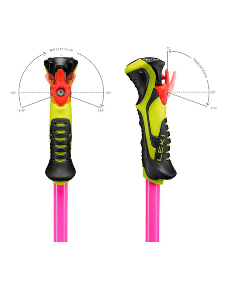 Trigger-systemet på Leki WCR Evo Lite SL TR juniorstav i neonrosa/gult med teknisk vy över den nya 3D-säkerhetsutlösningen.
