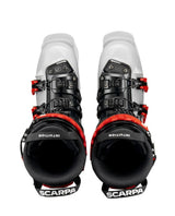Scarpa 4-QUATTRO PRO LE toppturspjäxor i grått sett uppifrån, visas med spännen och innerskor.