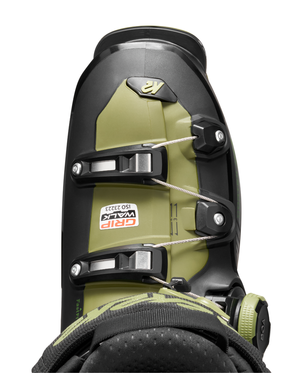 Närbild uppifrån på K2 Cortex 120 Team Zonal BOA alpinpjäxa som visar det integrerade BOA-systemet och spännena.