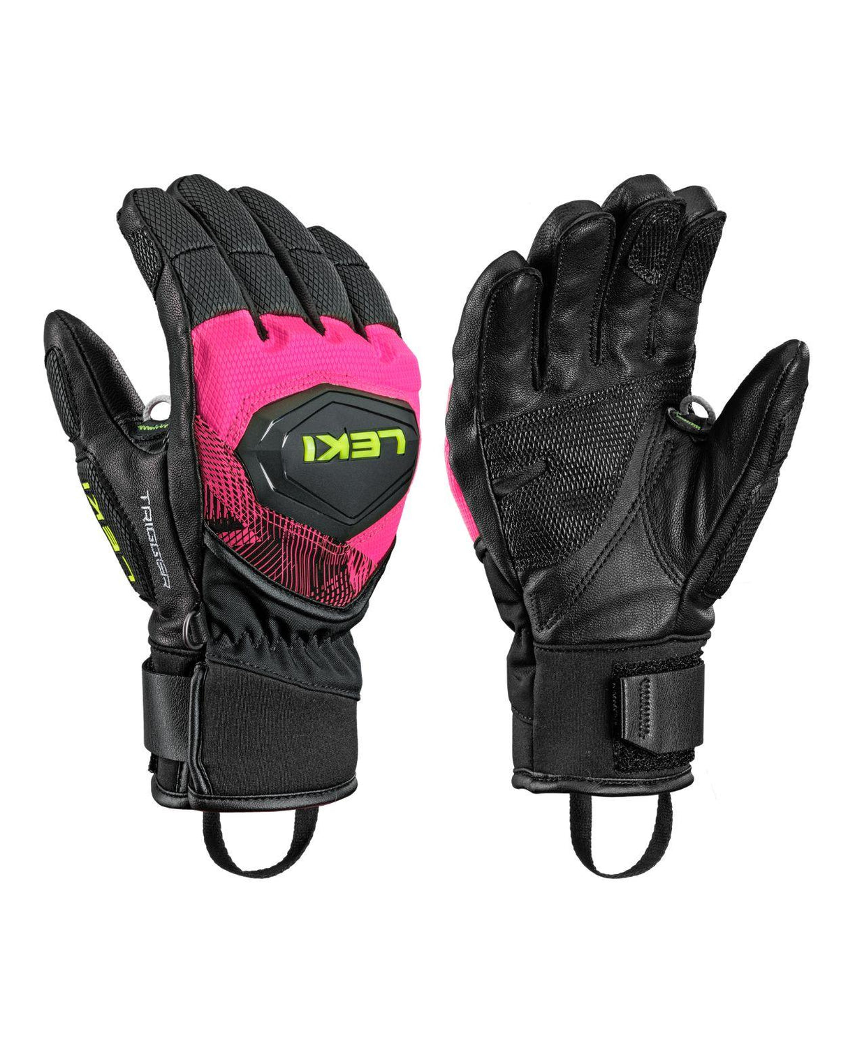 Leki WCR Pro TR Junior racinghandskar i neonrosa med robusta skydd och Trigger-system för alpina tävlingsåkare.